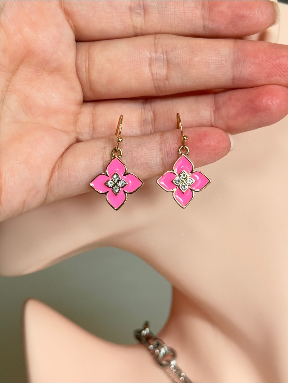 Gold Pink Enamel Flower Drop Earrings with CZ - Picture 10 of 12